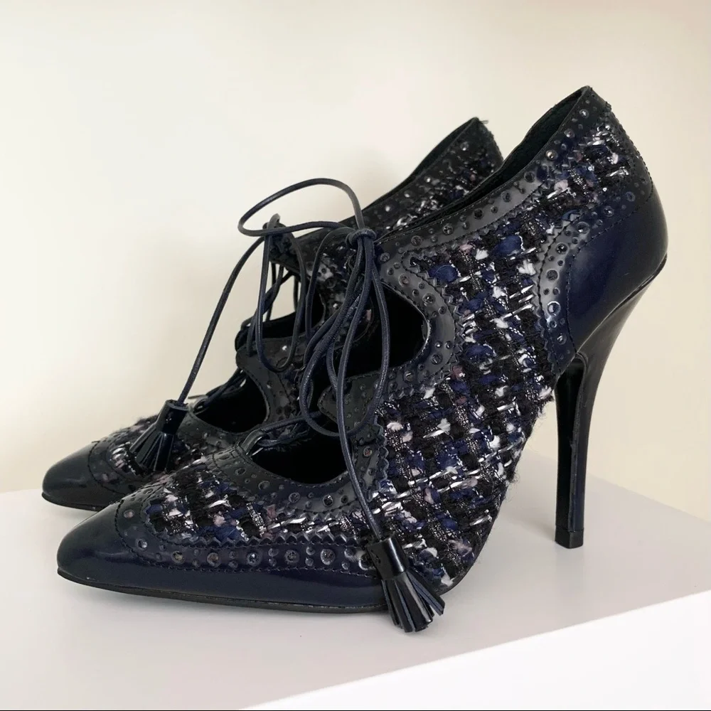 Tory Burch tweed tassel lace up oxford heels